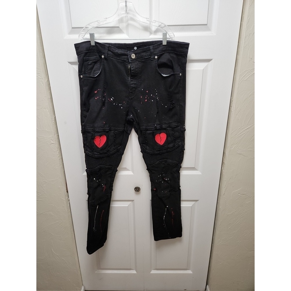 Focus Y2K Mens Heartbreaker Denim Urban STREET WEAR  (Jet Black Red) 40X32